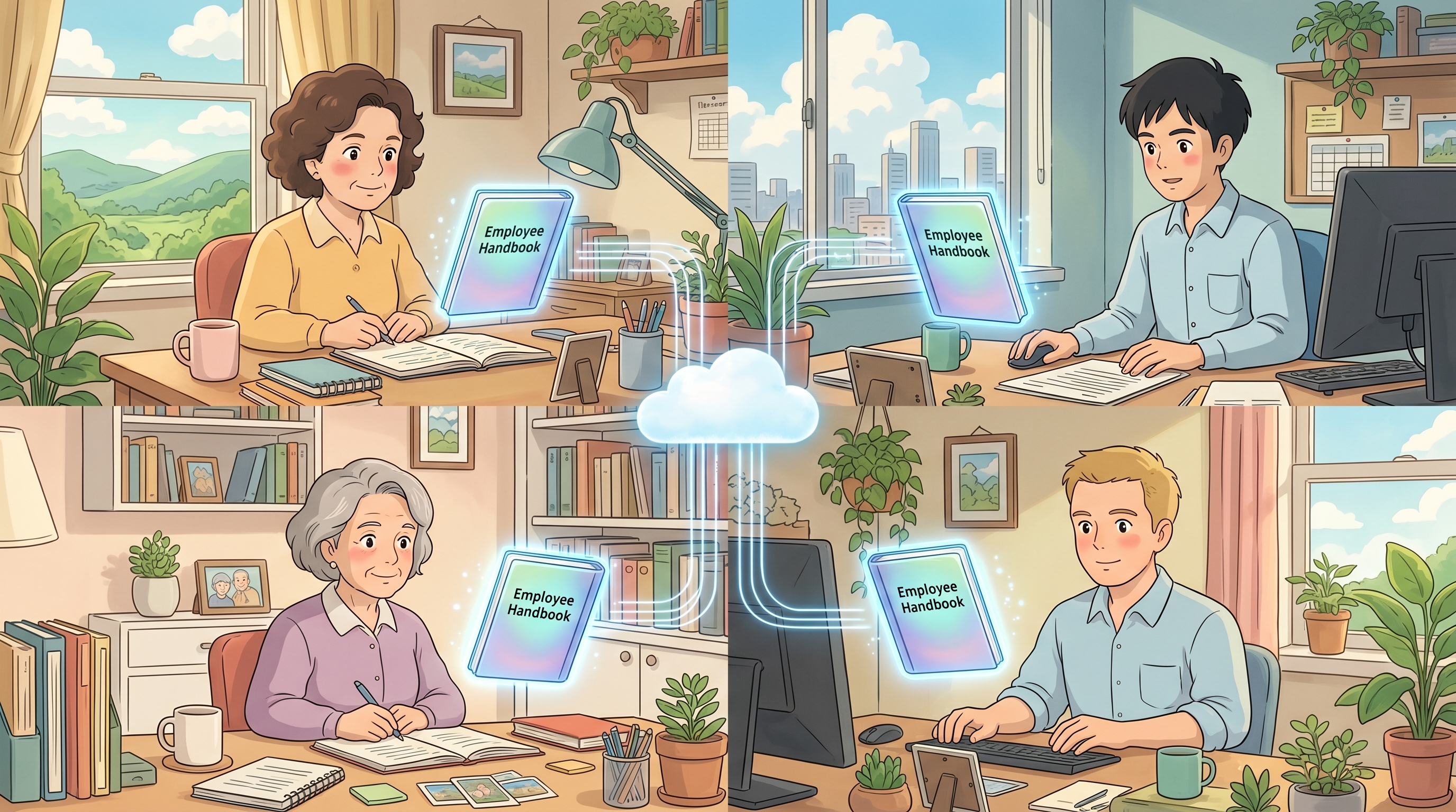 Multiple home offices, every desk holding the same shared handbook in sync