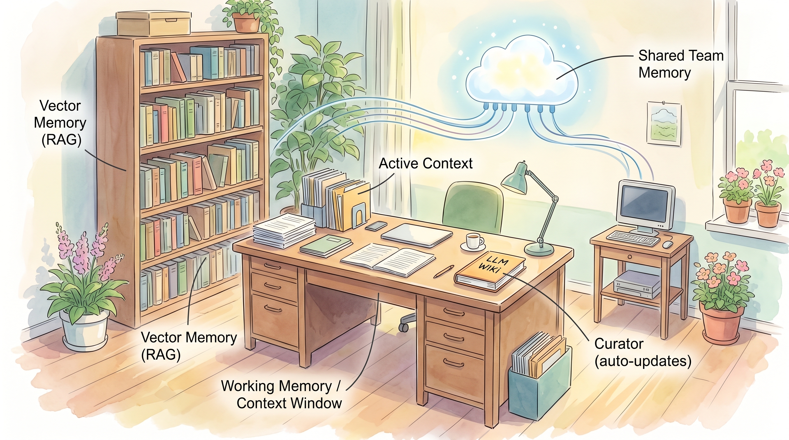 A complete home-office workspace with the desk, bookshelf, librarian, handbook, and shared cloud all labeled