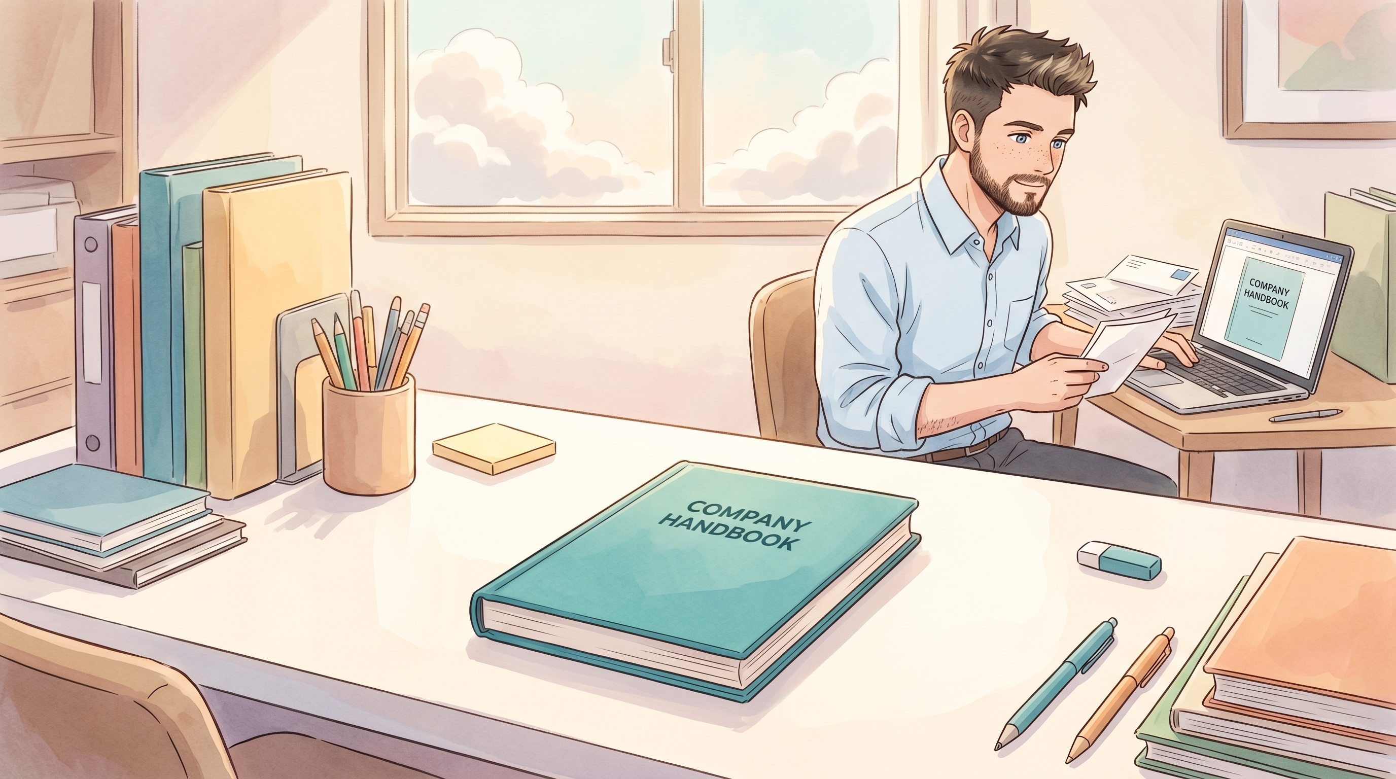 A clean desk with a single leather-bound company handbook, sitting front and center