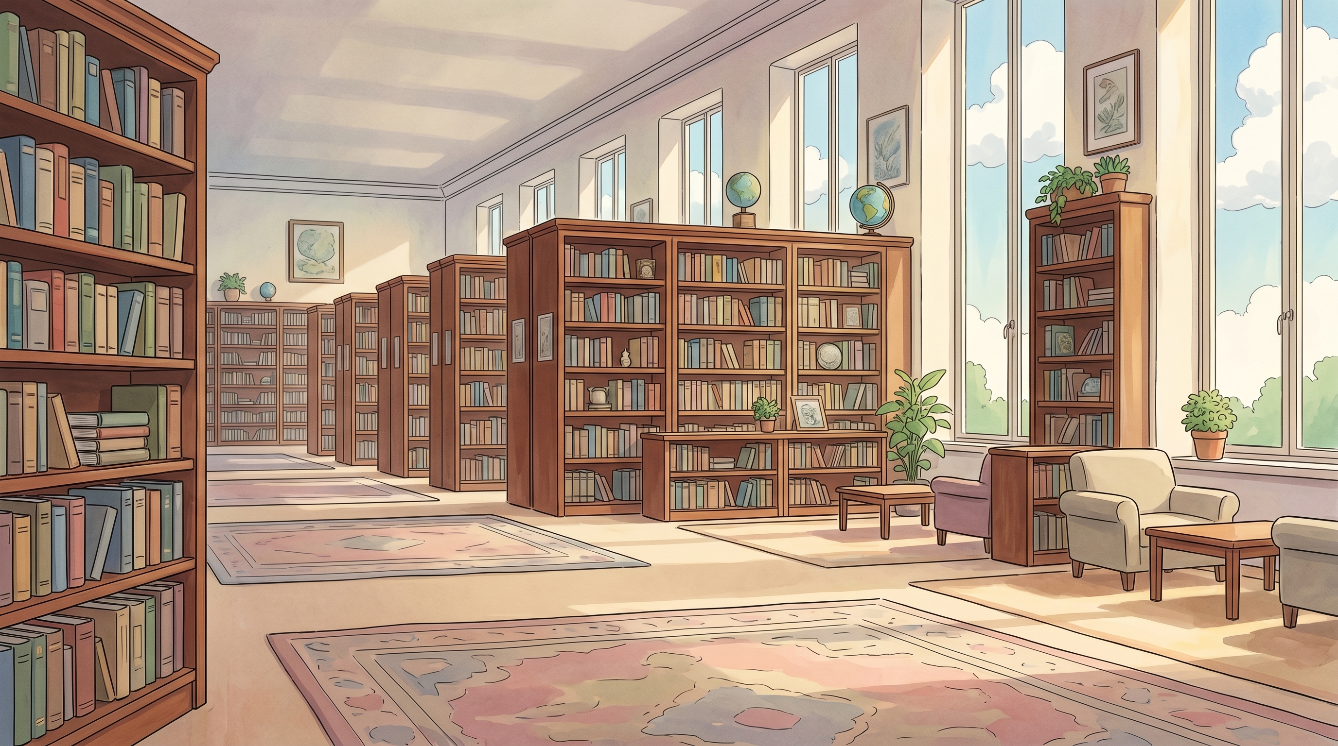 A library of books representing the AI's vector memory, with each book indexed and findable