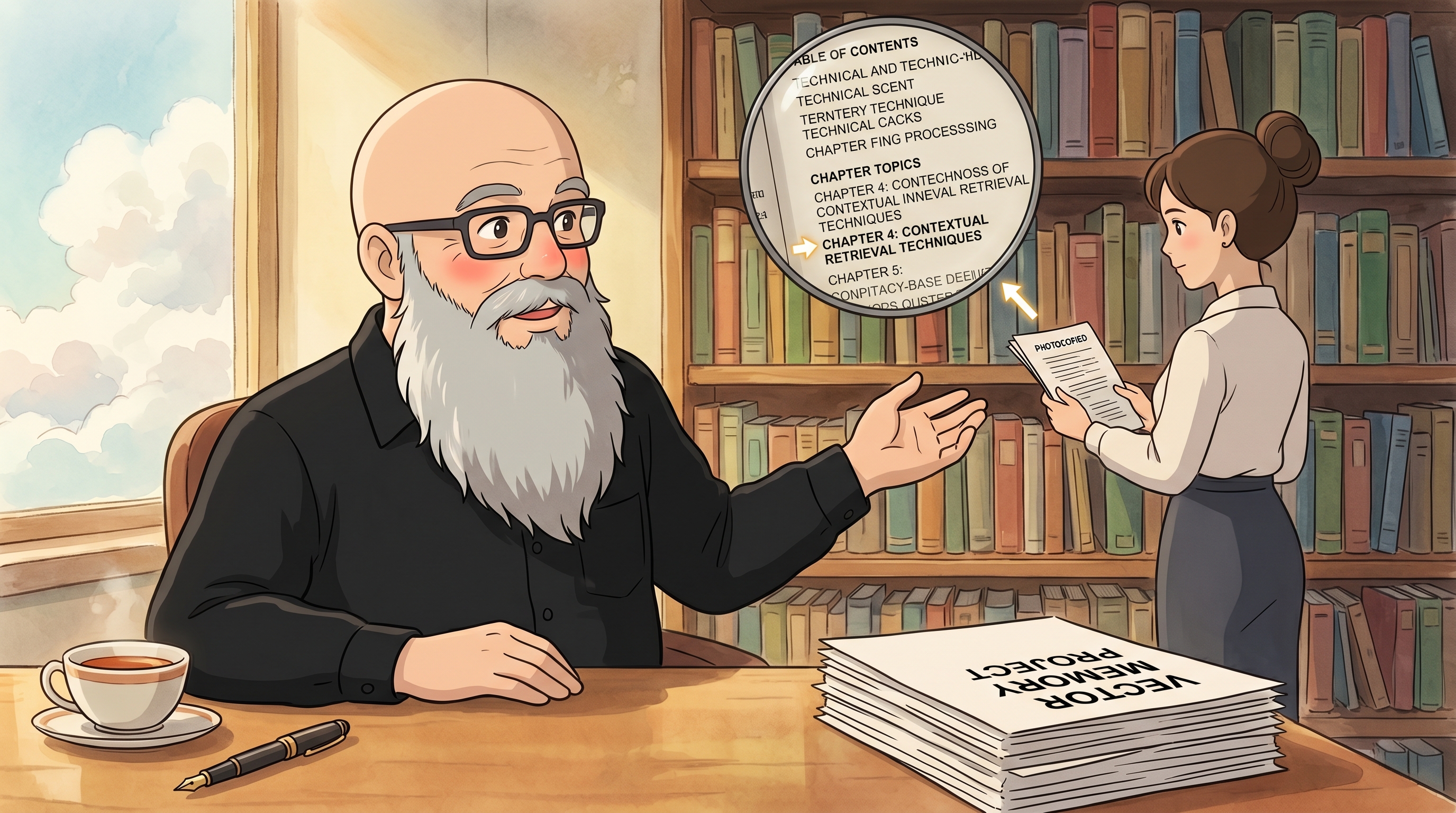 A librarian assistant pulling the right book off the vector library shelf for the AI